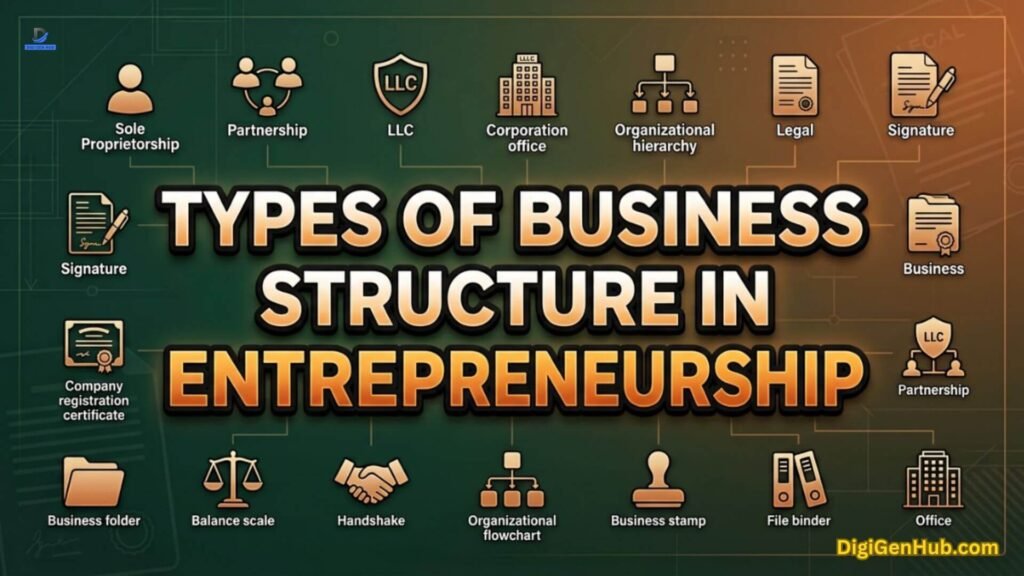 Business structure illustration with legal formation and organization icons.