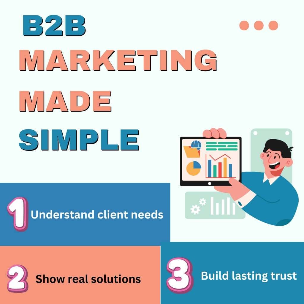 Infographic with handshake, gears, and growth chart icons, highlighting the importance of tailored solutions, trust, and client-focused strategies in B2B industrial marketing.