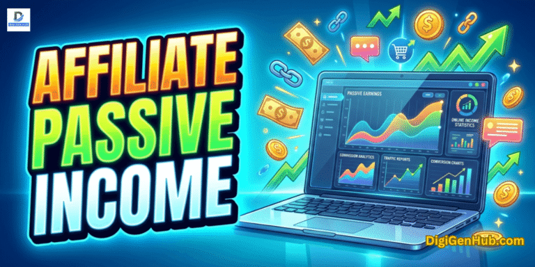 Affiliate passive income illustration with earnings dashboard and online marketing analytics