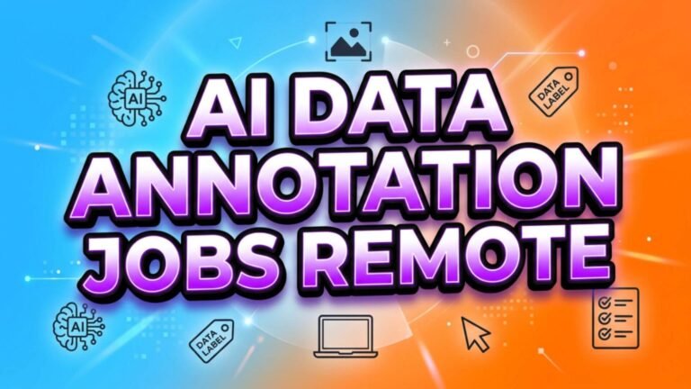 AI data annotation remote jobs illustration with labeling icons.
