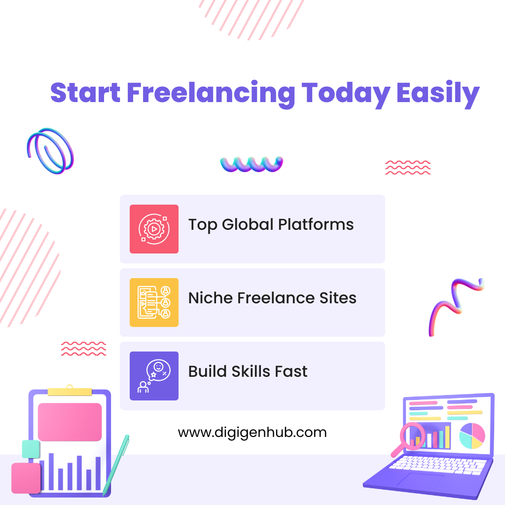 Illustration showing various freelance platforms and a person working on a laptop from home.
