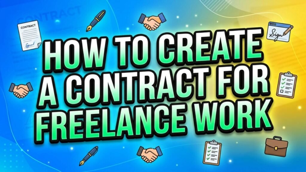 Freelance contract illustration with agreement and signature icons.