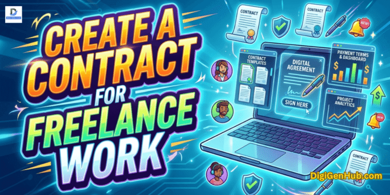 How to create a contract for freelance work with digital agreement dashboard and freelance business illustration