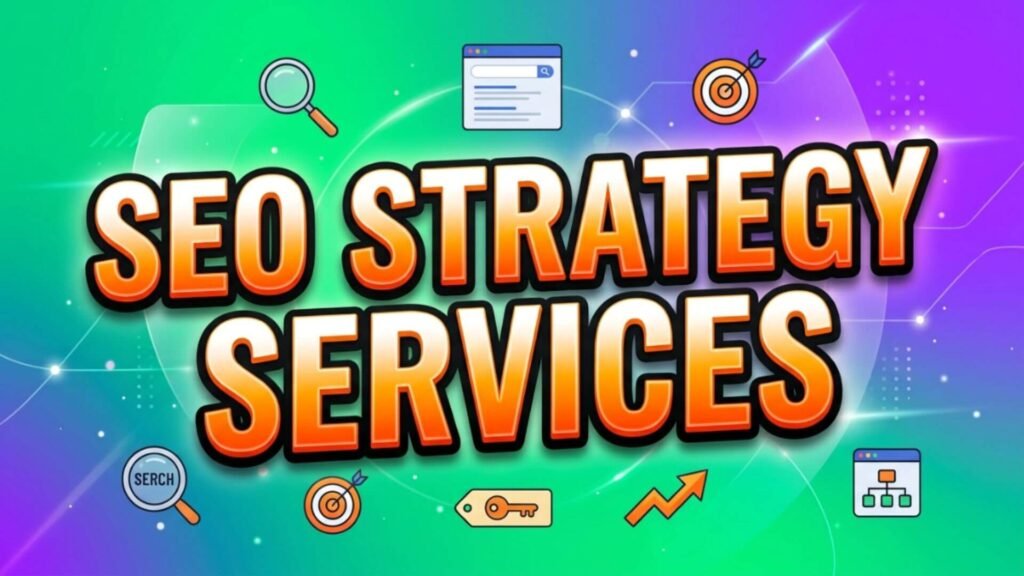 SEO strategy services illustration with search and keyword icons.