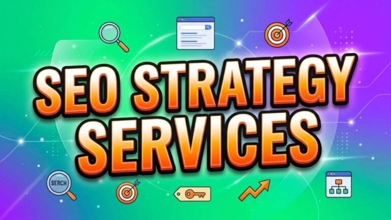 SEO strategy services illustration with search and keyword icons.