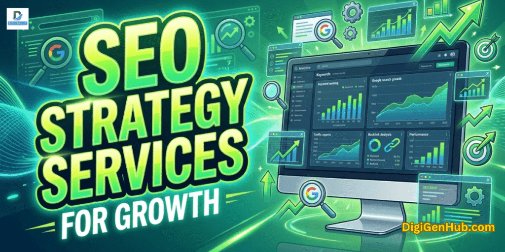 SEO strategy services illustration with search ranking dashboard and green digital marketing analytics