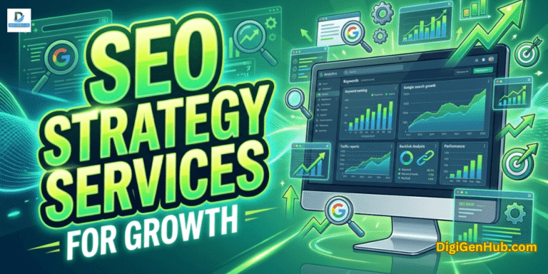 SEO strategy services illustration with search ranking dashboard and green digital marketing analytics
