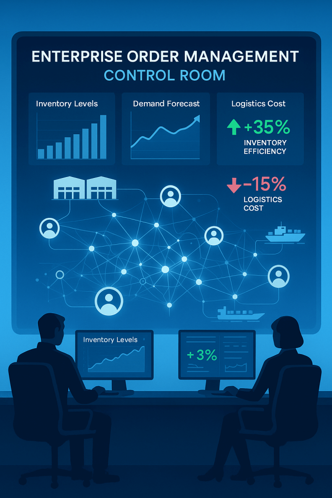 AI-driven enterprise order management dashboard showing predictive analytics and logistics optimization.
