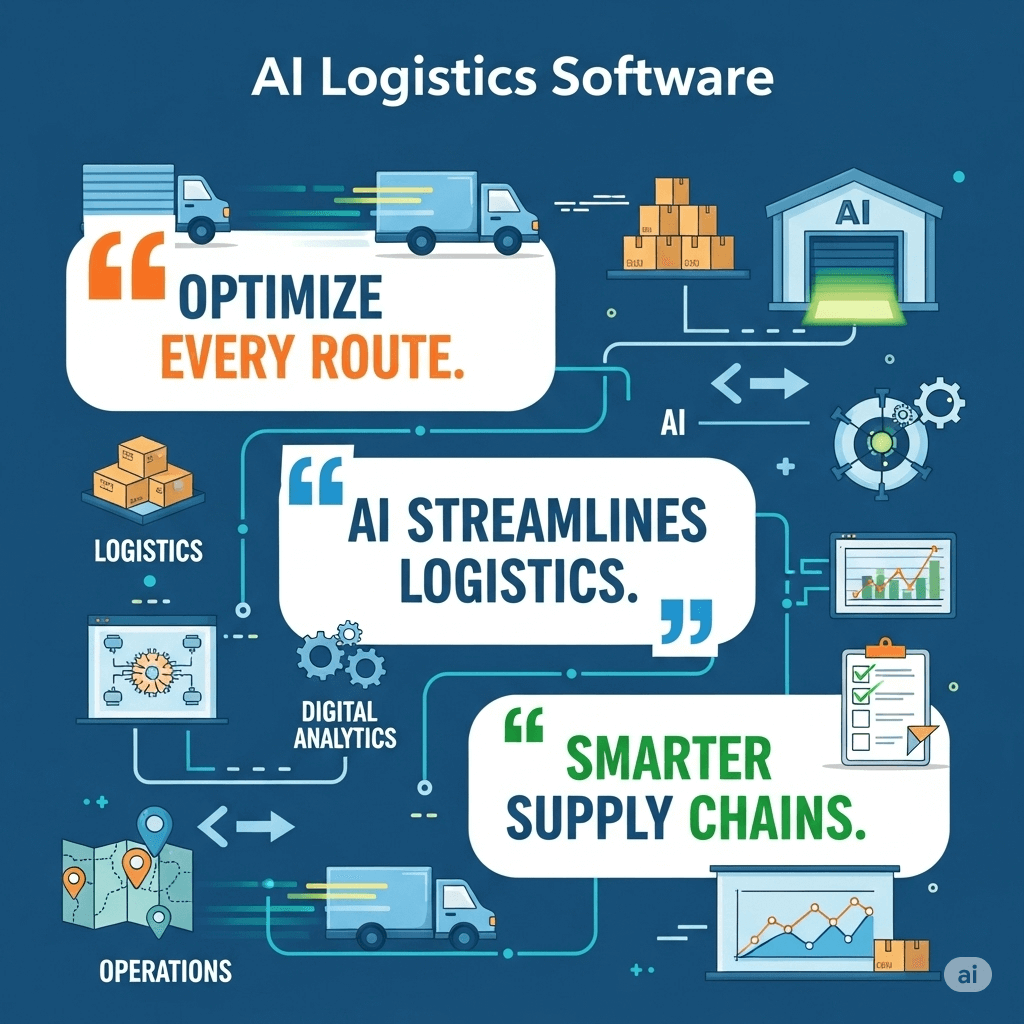 Infographic showing AI logistics software optimizing supply chains with bold three-word quotes and cartoon-style graphics