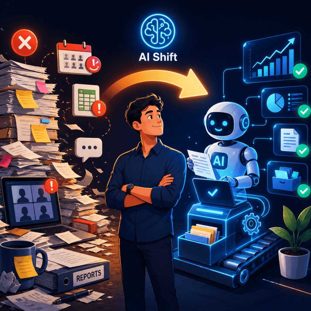 Product manager using AI automation to reduce manual tasks, organize data, and focus on strategic product decisions.