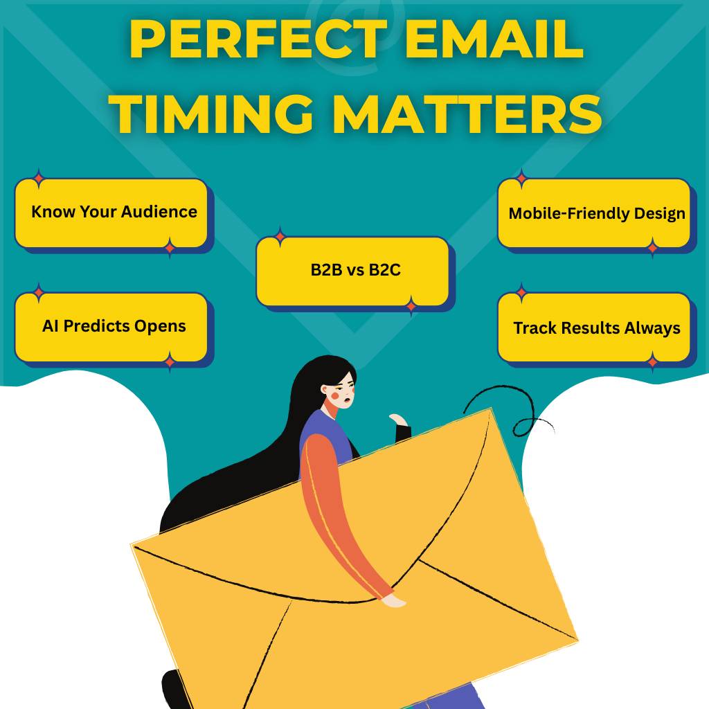 Infographic showing best practices for email campaigns including audience targeting, AI prediction, timing, design, and tracking.
