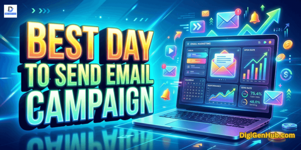 Best day to send email campaign with email marketing analytics dashboard and inbox growth illustration