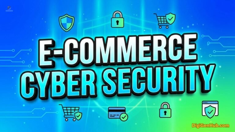 E-commerce cybersecurity illustration with secure payment protection icons.