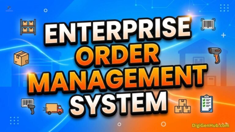 Enterprise order management illustration with warehouse and logistics icons.