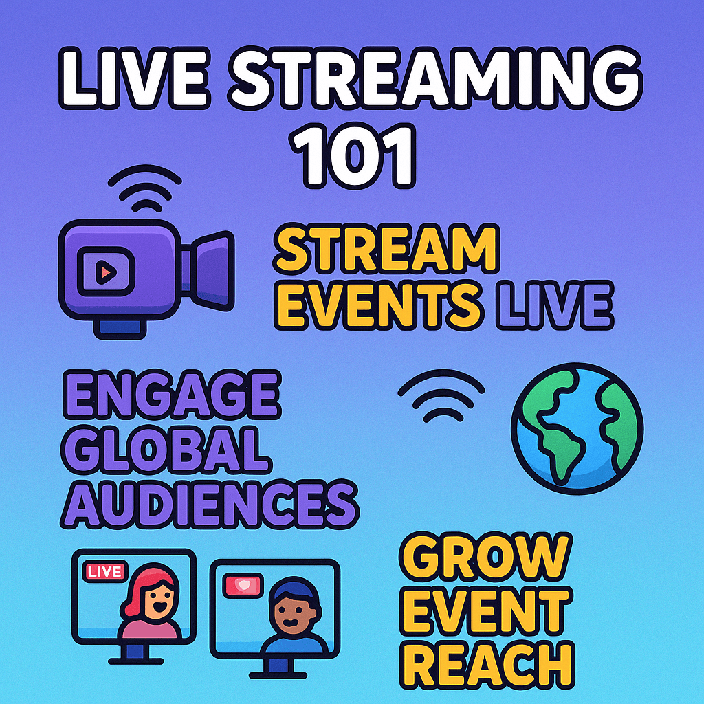 Cartoon-style illustration of event live streaming with cameras, screens, streaming waves, and globe around bold text: Stream Events Live, Engage Global Audiences, Grow Event Reach.