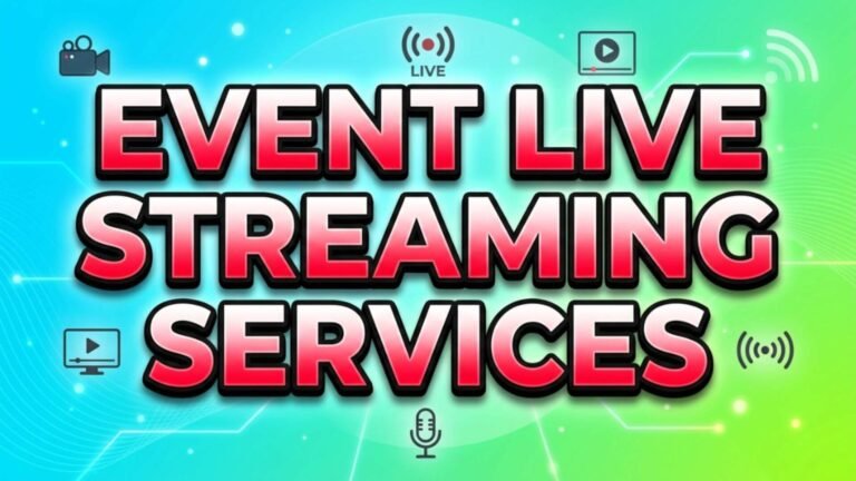 Event live streaming illustration with camera and broadcast icons.