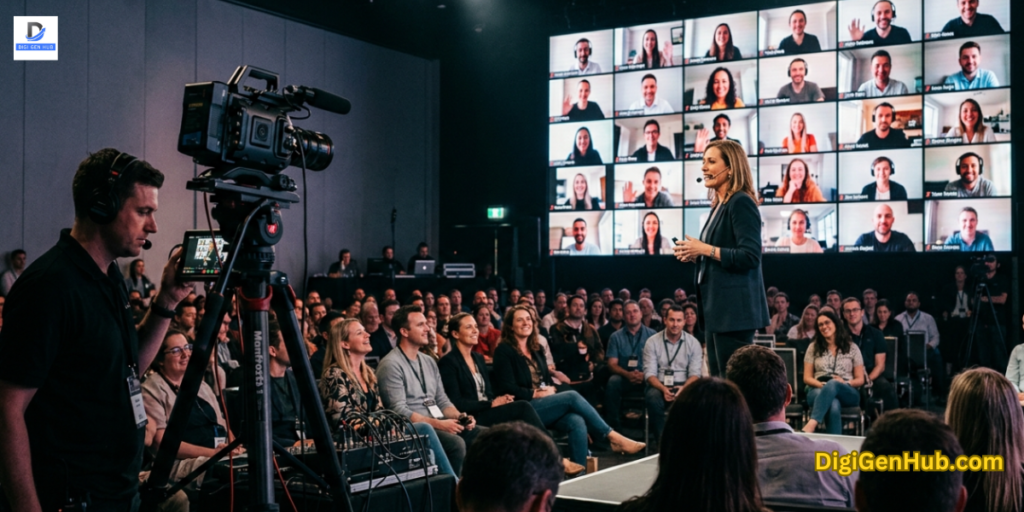 hybrid live event with streaming setup connecting in-person audience and remote viewers through video conference technology
