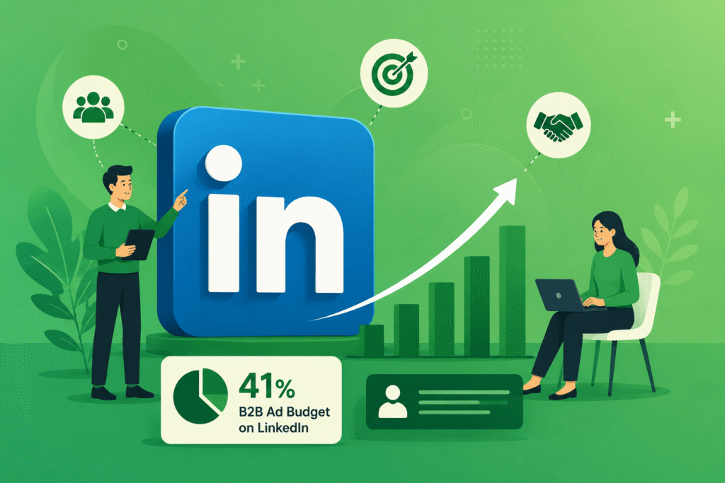 LinkedIn business marketing strategy illustration showing B2B networking, advertising growth, lead generation, and professional audience engagement.