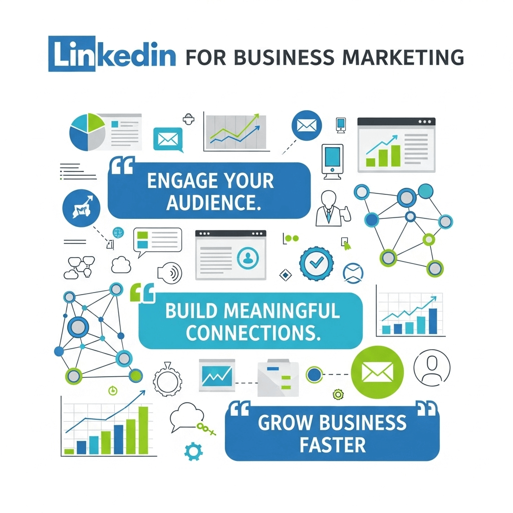 Infographic showing how to use LinkedIn for business marketing with bold three-word quotes and cartoon-style graphics