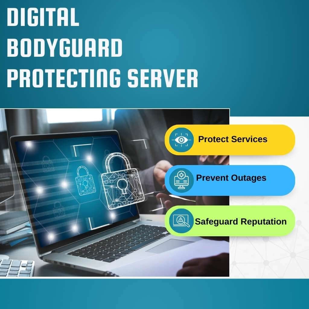 A digital bodyguard shielding a server, symbolizing network uptime monitoring protecting business operations.