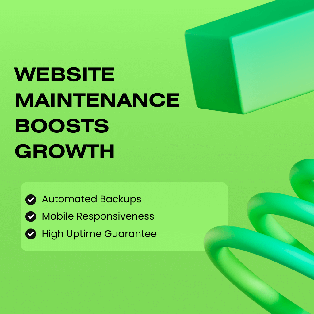Infographic showing key website maintenance services including backups, responsiveness, uptime, accessibility, and AI-driven security.
