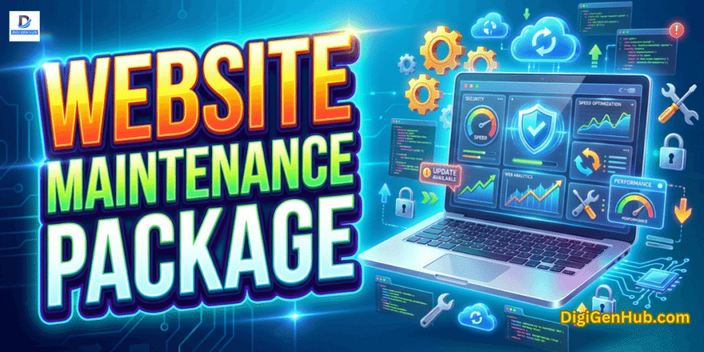 Website maintenance package illustration with website optimization dashboard and security management tools