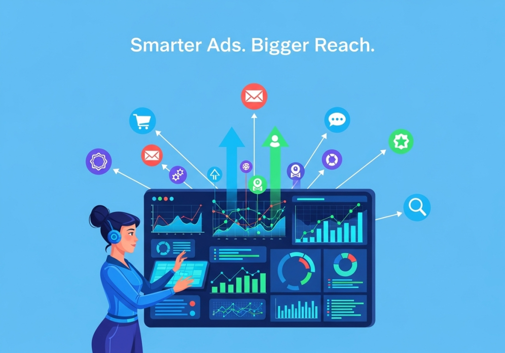 AI woman managing advertising dashboard with charts and brand reach expansion