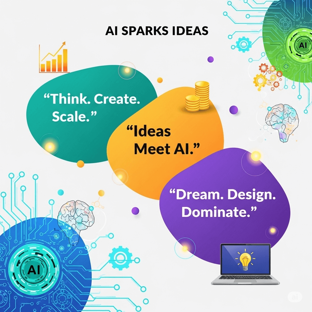 Infographic showing AI business ideas with bold quotes and vibrant cartoon-style graphics