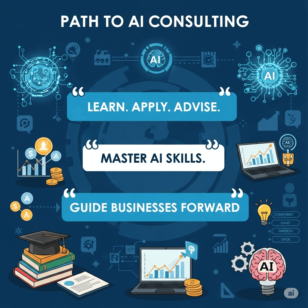 Infographic showing steps to become an AI consultant with bold three-word quotes and cartoon-style graphics