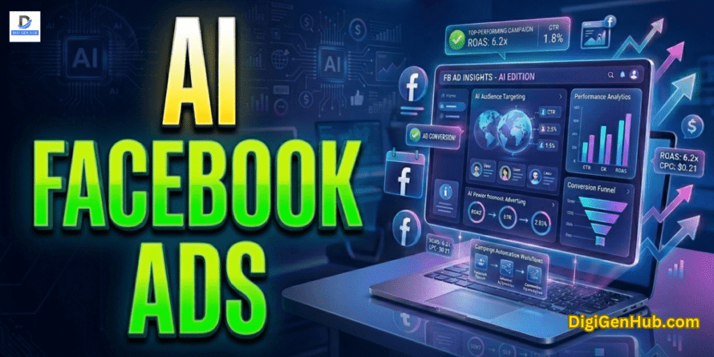 AI Facebook Ads feature image with bold green yellow and white title text and futuristic digital marketing dashboard visuals