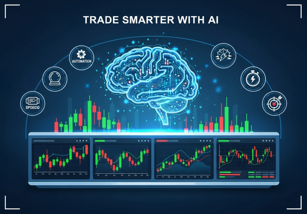 AI brain analyzing stock trading charts with predictive analytics icons