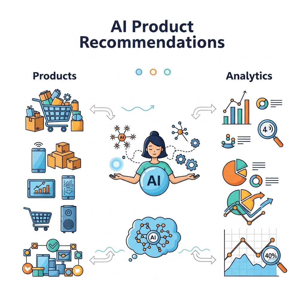 Infographic showing AI-powered product recommendations with bold three-word quotes and cartoon-style graphics