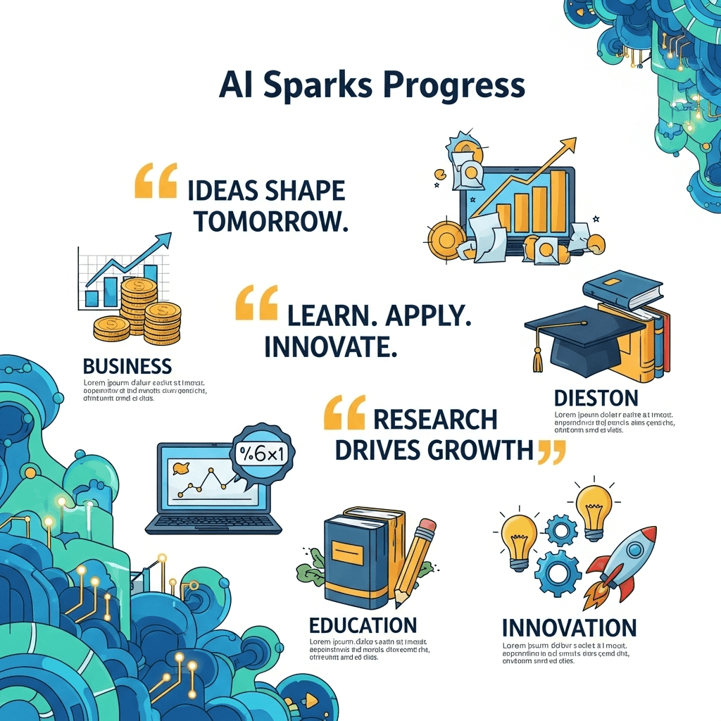 Infographic showing AI research impact on business, education, and innovation with bold three-word quotes and cartoon-style graphics