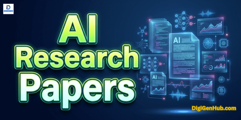 AI research dashboard with futuristic digital paper and bold green yellow typography