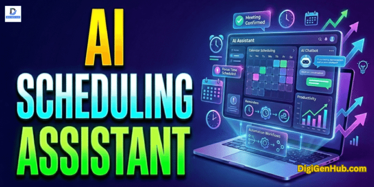 AI Scheduling Assistant feature image with green and yellow title text, smart calendar automation, and futuristic productivity dashboard visuals