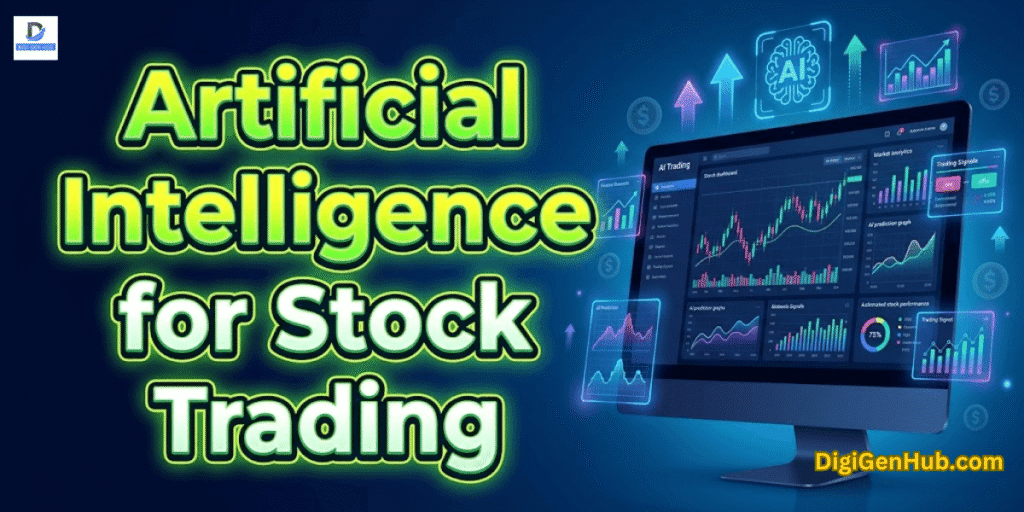 AI stock trading software dashboard with bold green yellow typography