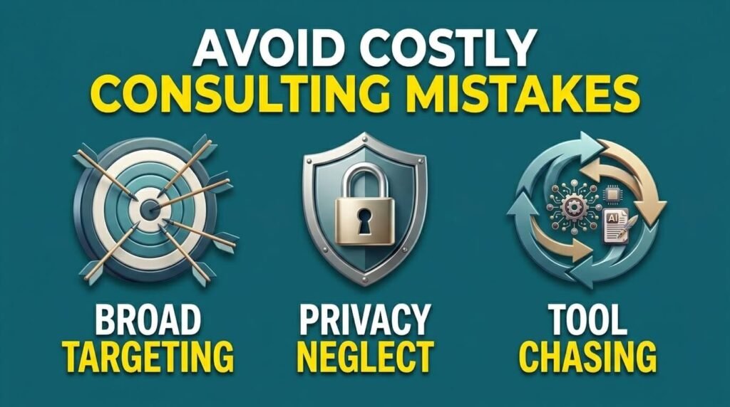 Consulting mistakes infographic showing targeting, privacy, and tool distractions.
