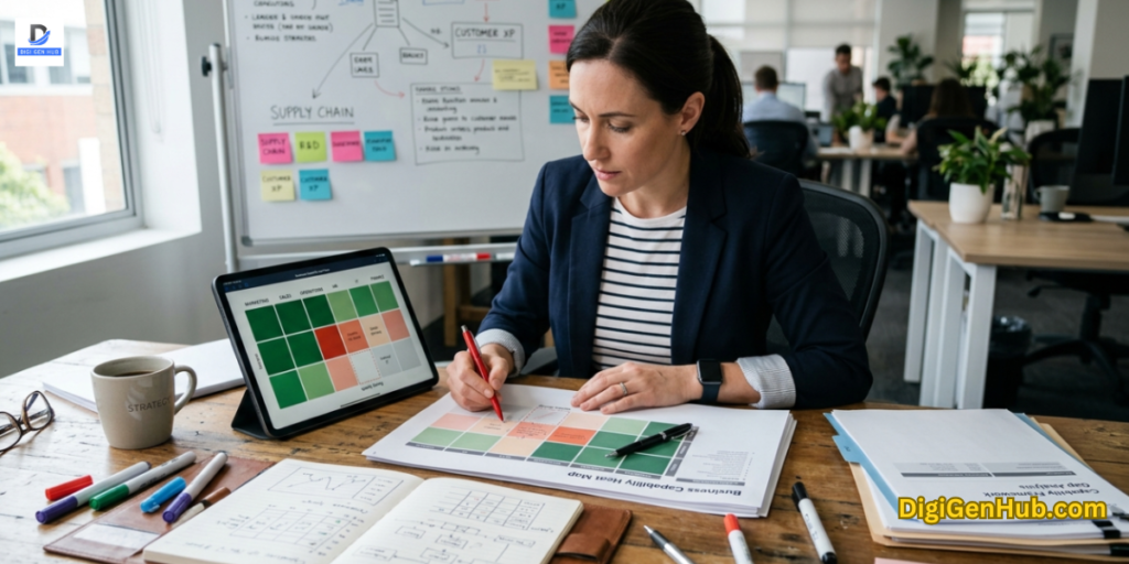 business strategy analysis with heat map report showing performance gaps and capability evaluation in modern consulting workspace