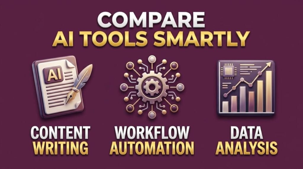 AI tools infographic showing writing, automation, and data analysis.