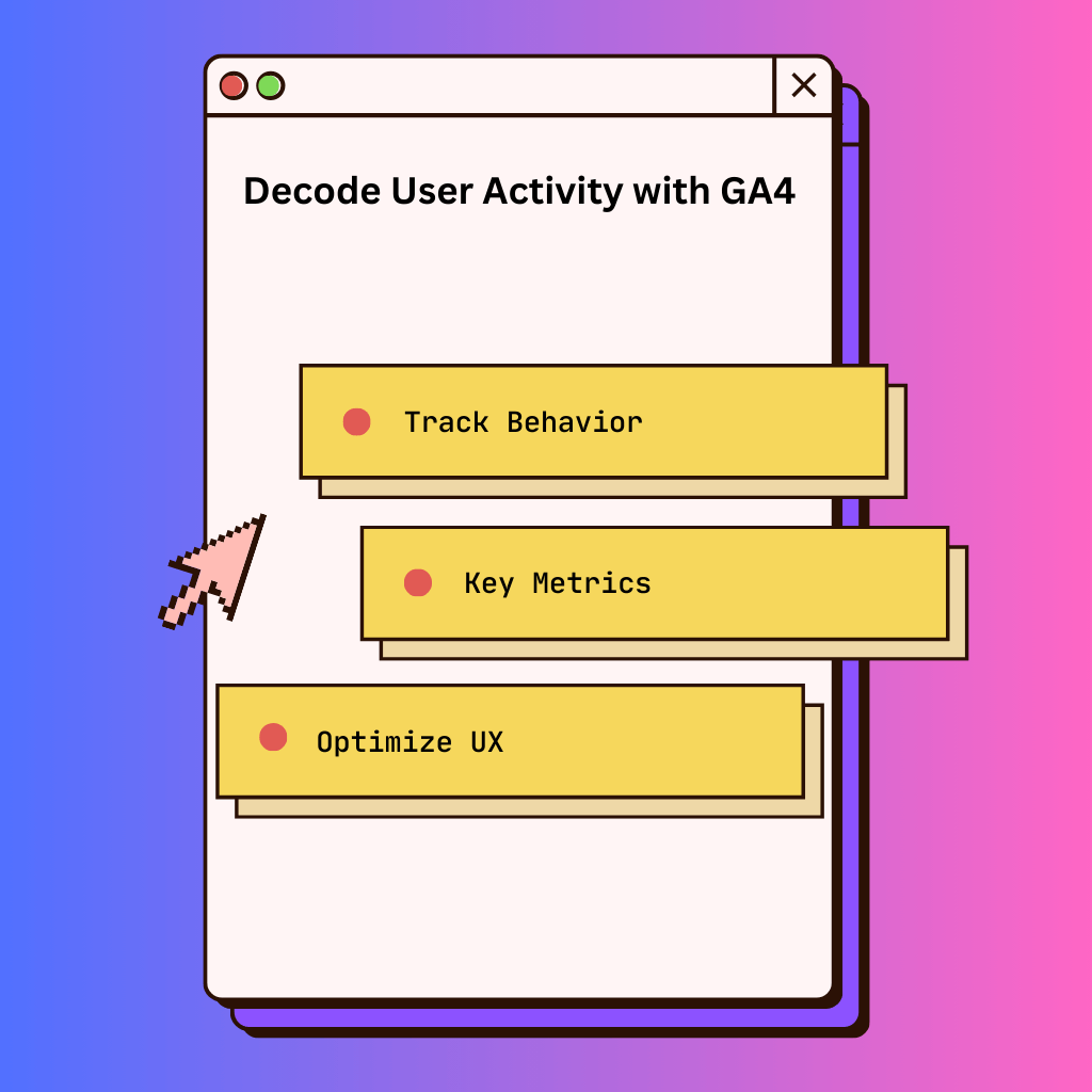 Cartoon-style infographic showing Google Analytics 4 dashboard on laptop and mobile with graphs and charts. Key points: Track Behavior, Key Metrics, Optimize UX.