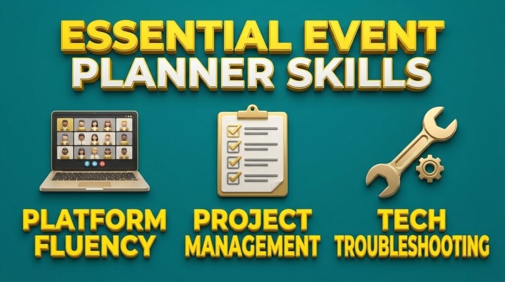 Virtual event planner infographic showing platforms, management, and troubleshooting skills.