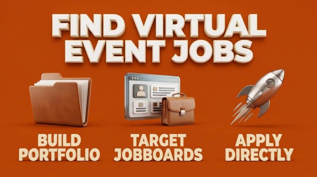 Virtual event jobs infographic showing portfolio, job boards, and applications.