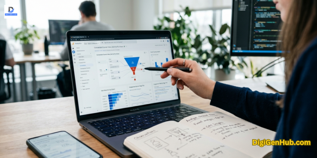 digital analytics dashboard analysis showing user behavior insights and conversion tracking beyond basic traffic metrics