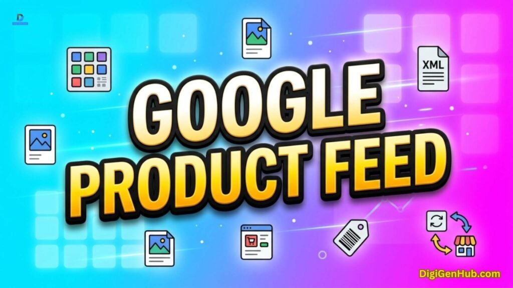 Google product feed illustration with catalog and product listing icons.