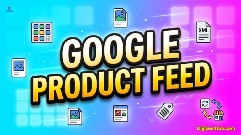 Google product feed illustration with catalog and product listing icons.