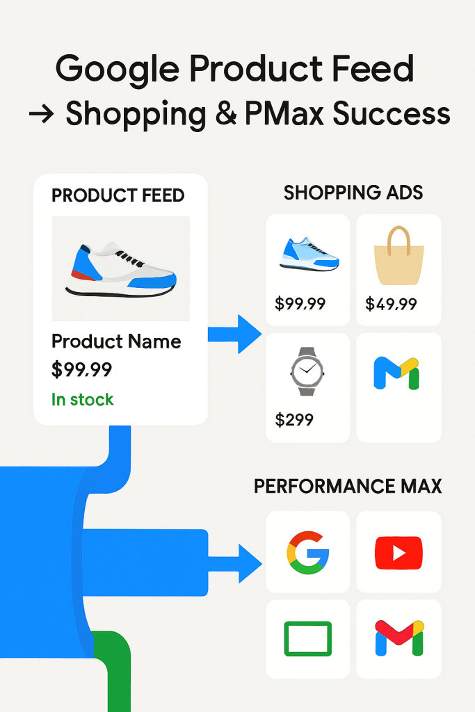 Visual showing how Google Product Feed connects to Shopping Ads and PMax campaigns.