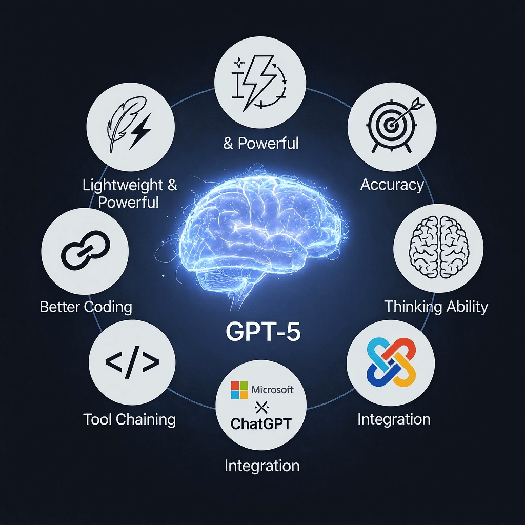 Infographic showing GPT-5 at the center with icons for power, accuracy, thinking, coding, tool-chaining, and integrations.