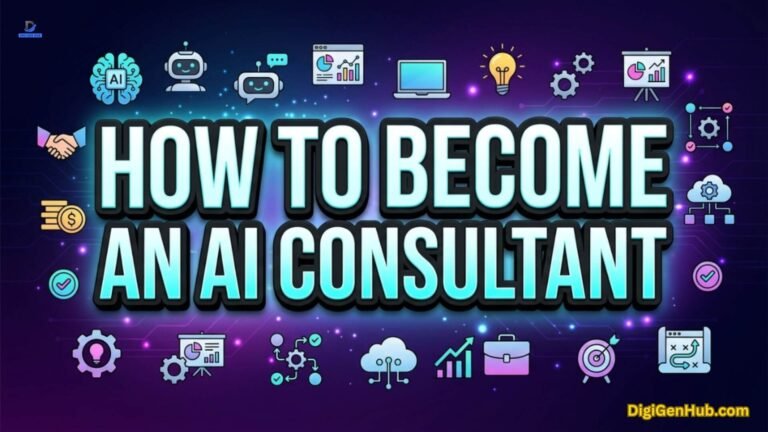 AI consultant illustration with automation and business strategy icons.