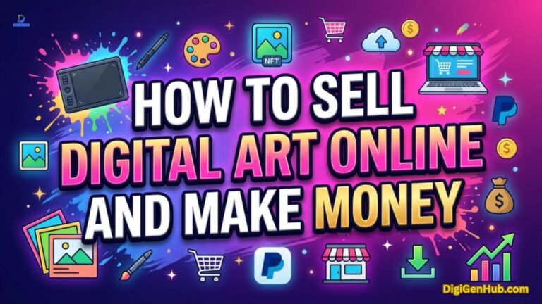 Digital art selling illustration with creative and income icons.