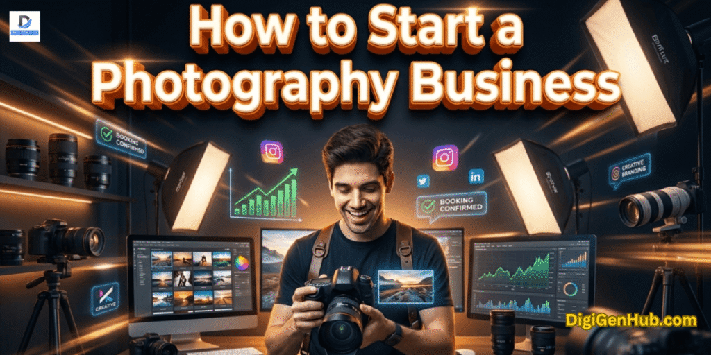 Photography business setup with professional camera and studio lighting